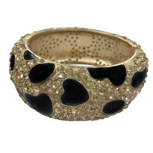 Leopard Cheetah Spot Print Gold & Black Rhinestone Fancy Hinged Bangle Bracelet